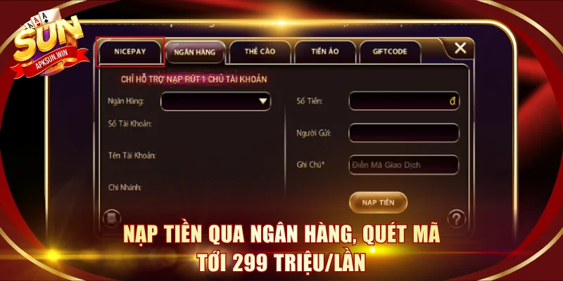 Nạp tiền qua ngân hàng, quét mã tới 299 triệu/lần